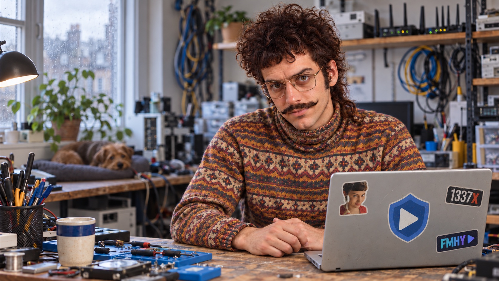 Generated illustration of a streaming and download enthusiast at a workbench, with a dog in the background